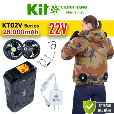 [2 Áo KITO + 1 Bộ Quạt 22V] Chính Hãng Pin 28.000mAh Chạy 10 - 20 Giờ, Áo Có Mũ 4 Màu BH 12 Tháng
